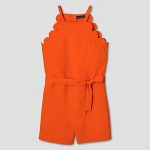 Victoria Beckham Women's Orange Scallop Tie Waist Romper Size 1X
